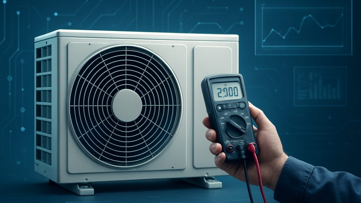 A digital multimeter held next to an HVAC unit, showcasing technical equipment used for HVAC repair.