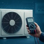A digital multimeter held next to an HVAC unit, showcasing technical equipment used for HVAC repair.