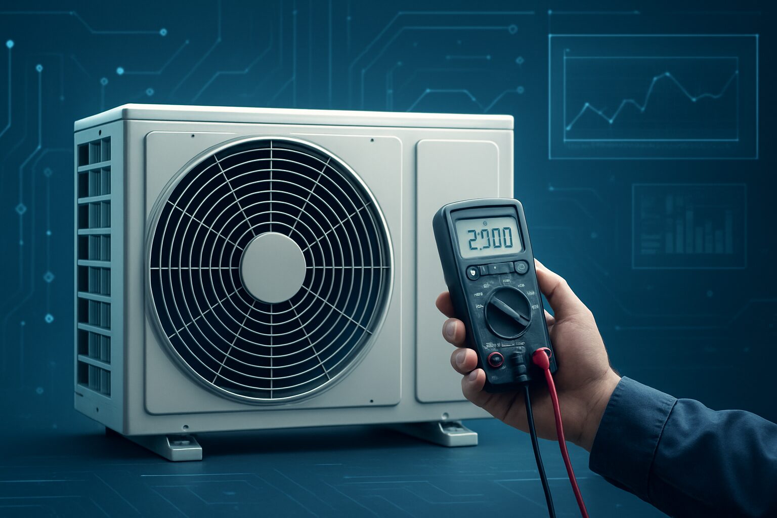 A digital multimeter held next to an HVAC unit, showcasing technical equipment used for HVAC repair.