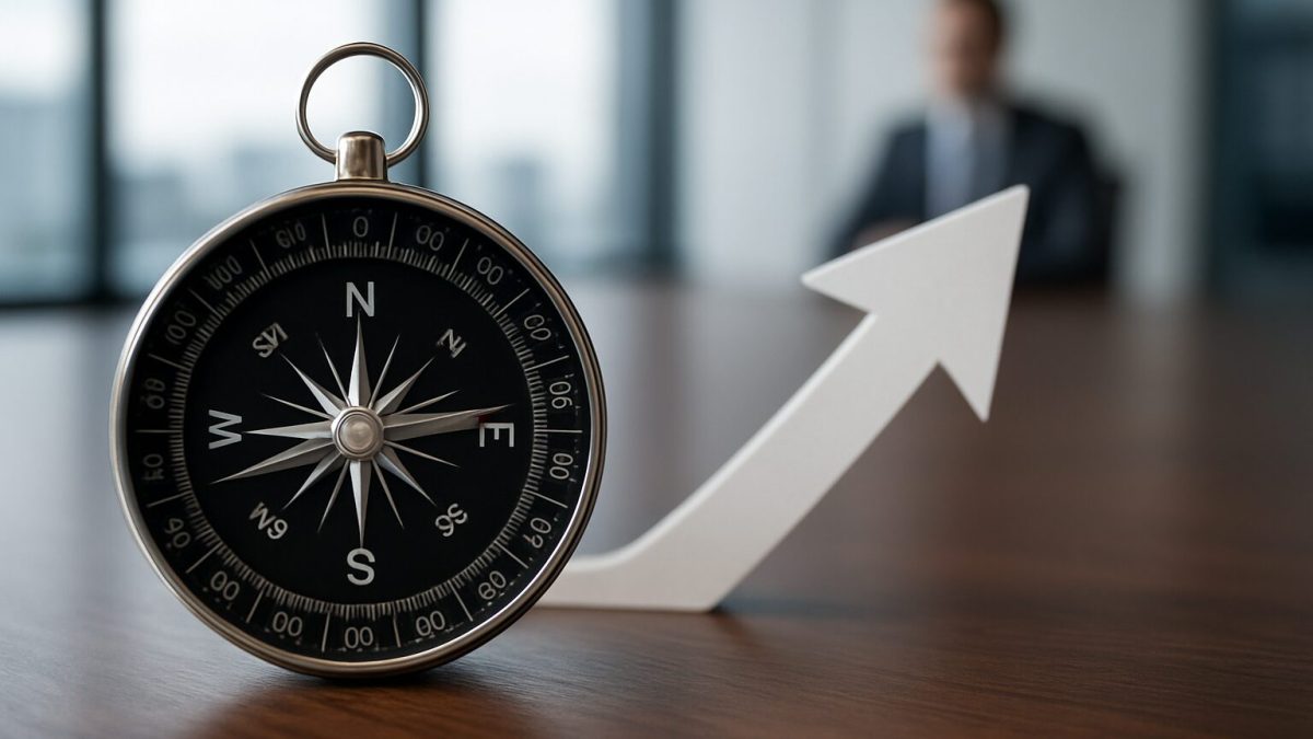 A compass and an upward arrow on a table, symbolizing direction and growth in leadership.