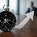 A compass and an upward arrow on a table, symbolizing direction and growth in leadership.