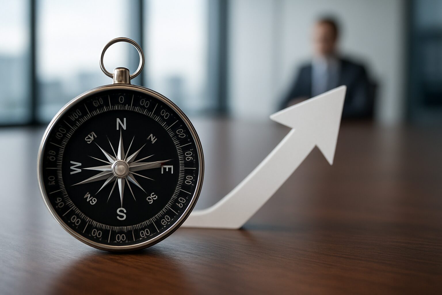A compass and an upward arrow on a table, symbolizing direction and growth in leadership.