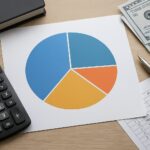 Calculator, a pie chart on paper, a pen, and stacks of money arranged on a table