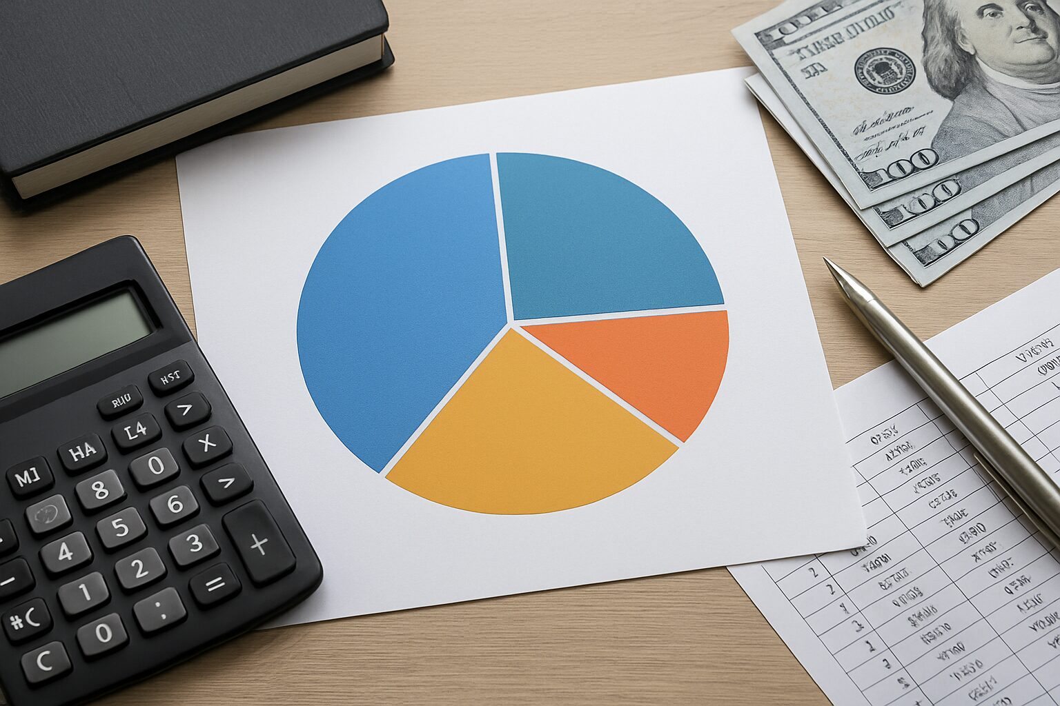Calculator, a pie chart on paper, a pen, and stacks of money arranged on a table